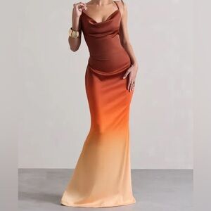 Club L London Fiji Cowl Neck Satin Ombre Maxi Dress